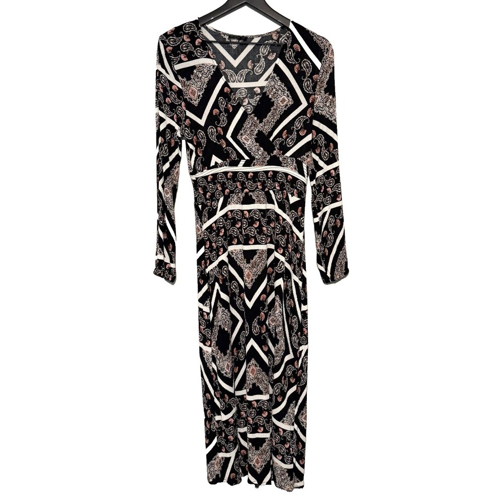 Cotton On Midi Dress Small Surplice Crinkle Stretch Long Sleeve Paisley